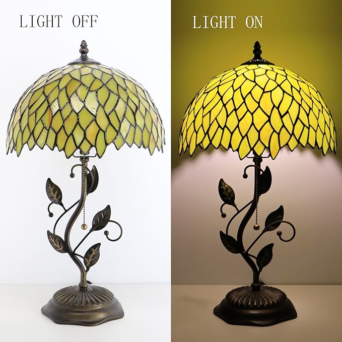Tiffany Lamp Stained Glass Table Lamp Desk Bedside Reading Light 12X12X19 Inches with Metal Leaf Base(Yellow Wisteria)