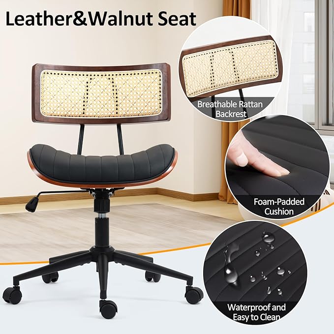 Home Office Chair with Wheels, Adjustable Height Desk Chair with Rattan Backrest, Leather Swivel Computer Chair, Armless Modern Walnut Chair for Office, Meeting Room, Black