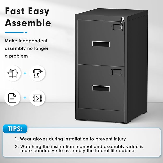Greenvelly 2 Drawer File Cabinet with Lock, Black Metal Vertical Filing Cabinet for Home Office Fit Legal/Letter/A4/F4 Size with Hanging Bars&Key