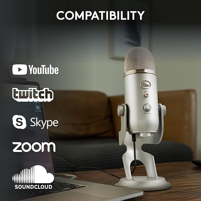 Logitech Creators Blue Yeti USB Microphone for Gaming, Streaming, Podcast, YouTube, Discord, PC, Studio Sound, Plug & Play-Silver