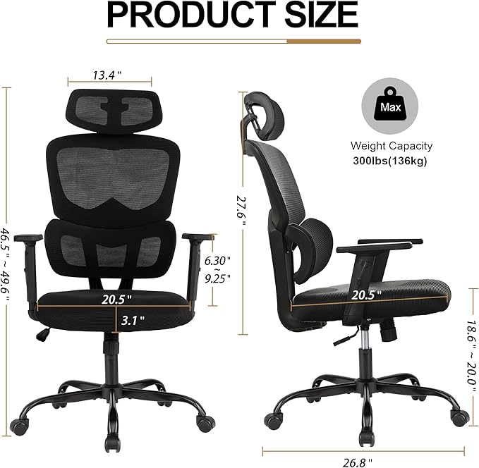Ergonomic Office Chair,Home Mesh Office Desk Chairs,High Back Office Chair 330 LBS,Swivel Computer Task Chair with 2D Armrest,Lumbar Support,Adjustable Headrest,Rocking Function (Black)