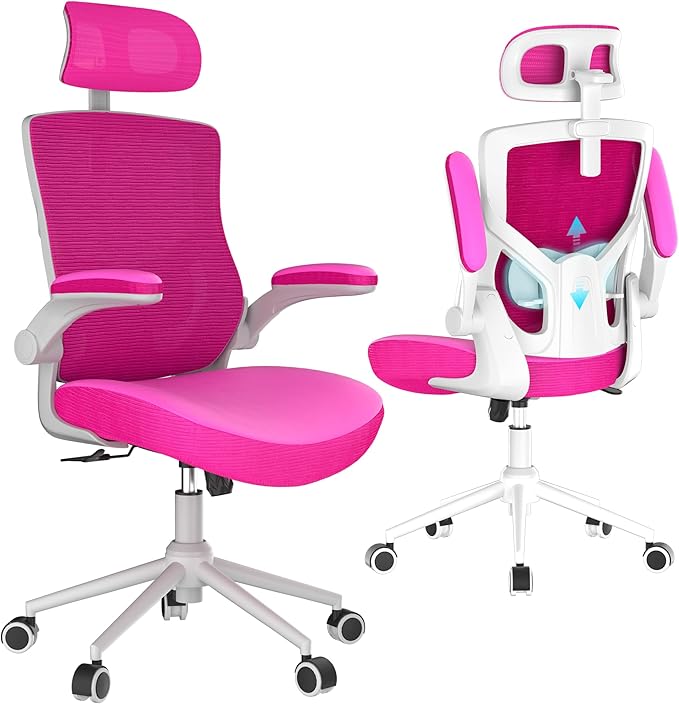 Ergonomic Office Chair with Adjustable Headrest & Lumbar Support - High Back Desk Chair with Flip-Up Arms, 360 Swivel Executive Computer Task Chair (Modern, Neon Pink)
