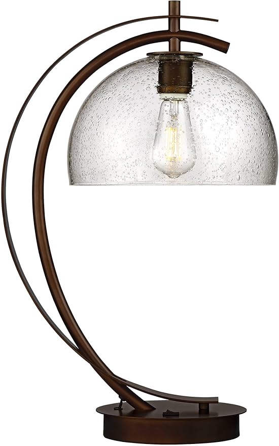 Possini Euro Design Calvin 22.5" High Modern Vintage Accent Table Lamp with USB Ports A+C Charging Filament LED Bronze Metal Glass Dome Shade - Living Room Desk Bedroom House Bedside Nightstand Home