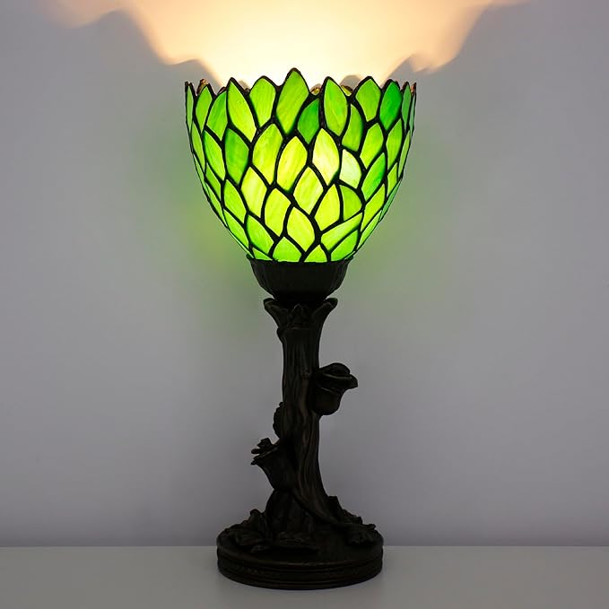 Small Tiffany Lamp Mini Stained Glass Table Lamp Green Wisteria Accent Desk Uplight W6 H13.5 Inch Bronze Resin Base