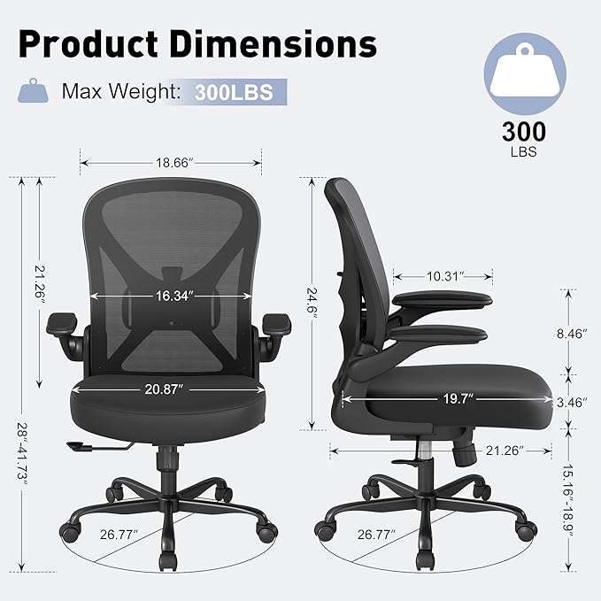 ZZH Mesh Office Chair with Adjustable Lumbar Support, Ergonomic Home Office Desk Chair with Wheels and Flip-up Arms, Black