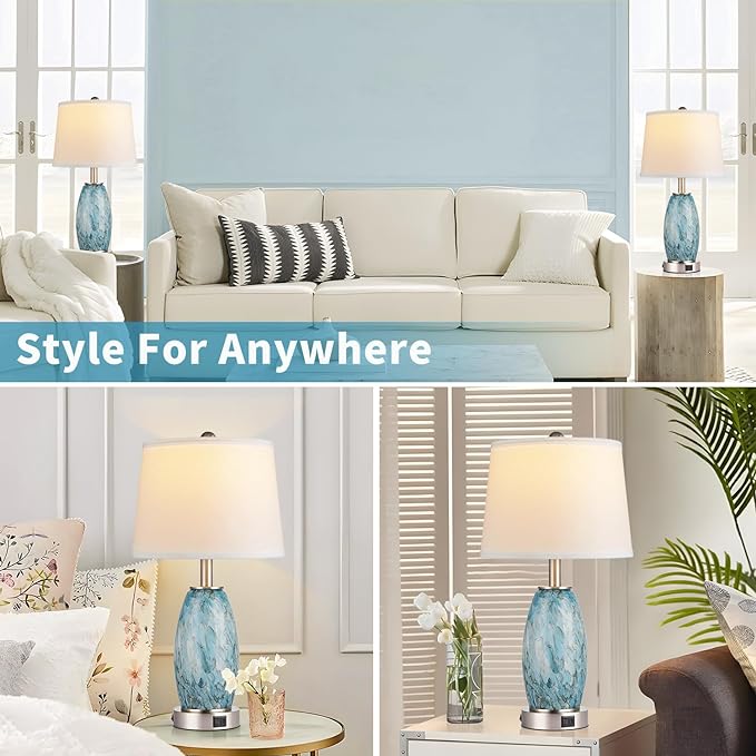 Table Lamps Set of 2 with 3-Way Lighting Modes, USB & Type C Ports - Coastal Modern Style Glass Nightstand Lamps for Living Room & Bedroom Decoration (23.5" H)
