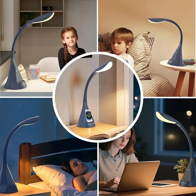 LED Desk Lamp with USB Charging Port, Dimmable Reading Light Touch Control and Eye Protection, Adjustable Brightness Table Lamp for Home Office Bedroom (Blue)