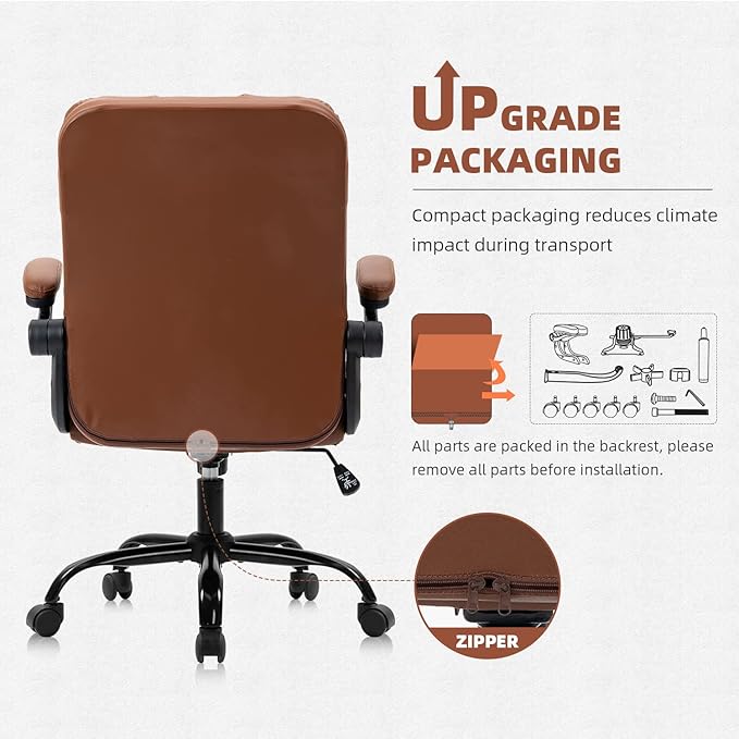 SEATZONE Executive Office Chair Small PU Leather Desk Chair with Wheels,Ergonomic Computer Swivel Rolling Task Chair with Back Support,Brown