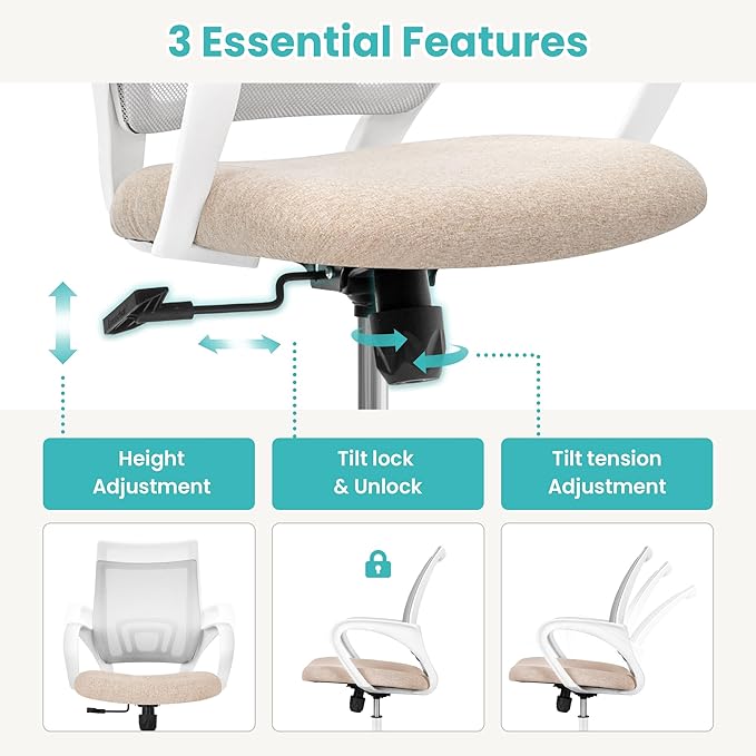 Office Chair with Ergonomic Mid Back Cushion Lumbar Support Adjustable Swivel Rolling Computer Gaming Desk Chair Comfy Mesh Seat Wheels Home Executive Use (1, Beige)