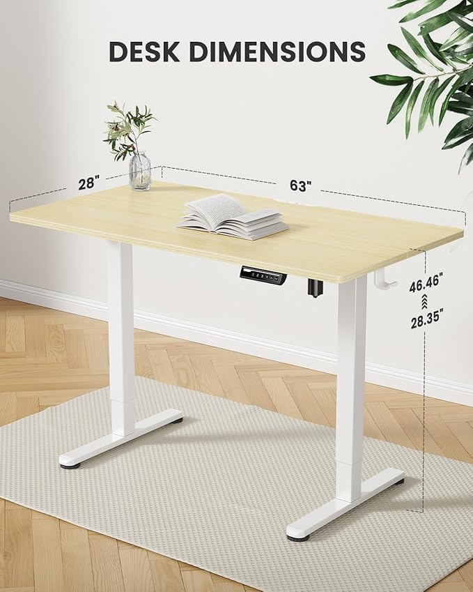 ErGear Height Adjustable Electric Standing Desk, 63 x 28 Inches Sit Stand up Desk, Large Memory Computer Home Office Desk with Two-Piece Desktop (Natural)