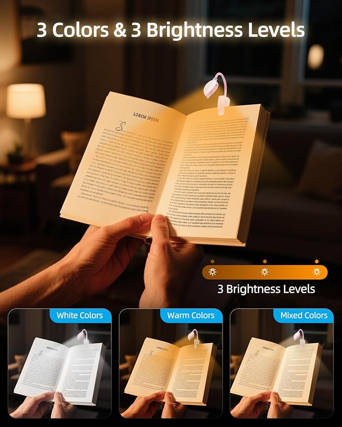 Rechargeable Book Lights for Reading at Night - Eye,3 Color Temperatures,3 Brightness Levels,Flexible Goose Neck Clip on Light,Reading Lights for Books in Bed with Power Indicator Bookworms (Pink)
