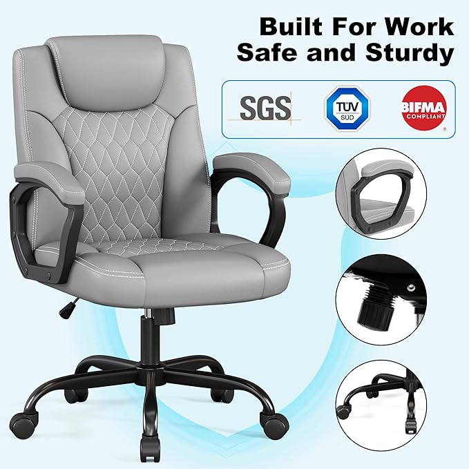 Misolant Office Chair, Executive Desk Chair, PU Leather Comfortable Ergonomic Chairs with Fixed Armrest, Adjustable Height, Rocking Function, 360° Swivel Wheels, Gray