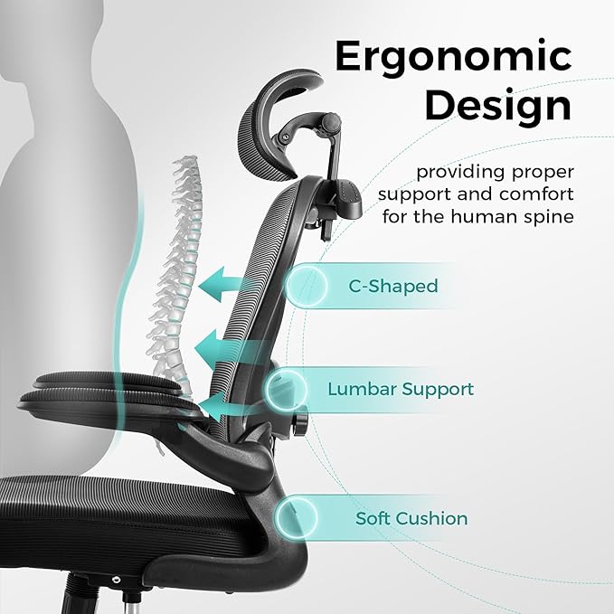 ALPHA HOME Ergonomic Office Chair with Massage Function&Coat Hunger, High-Back Mesh Computer Chair with Lumbar Support, Adjustable Height&Headrest&Flip-up Armrest, 360° Swivel Wheels, SGS Certified