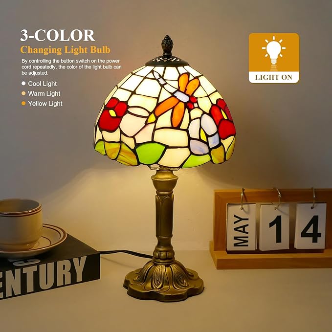 Tiffany Table Lamp Beautiful Dragonfly and Flower Style Lamp Handmade Stained Glass Desk Lamps Gifts Resin Base 14.2" Tall Vintage Reading Lamp for Office,Living Room, Bedroom, Study Room