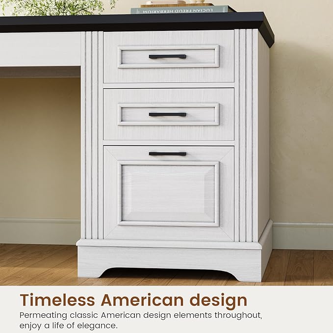 Itaar Farmhouse Executive L Shaped Desk, Home Office Desk with File Drawer and Power Outlet, Computer Corner Desk with Drawers and Storage Cabinet, Workstation for Office Home, White