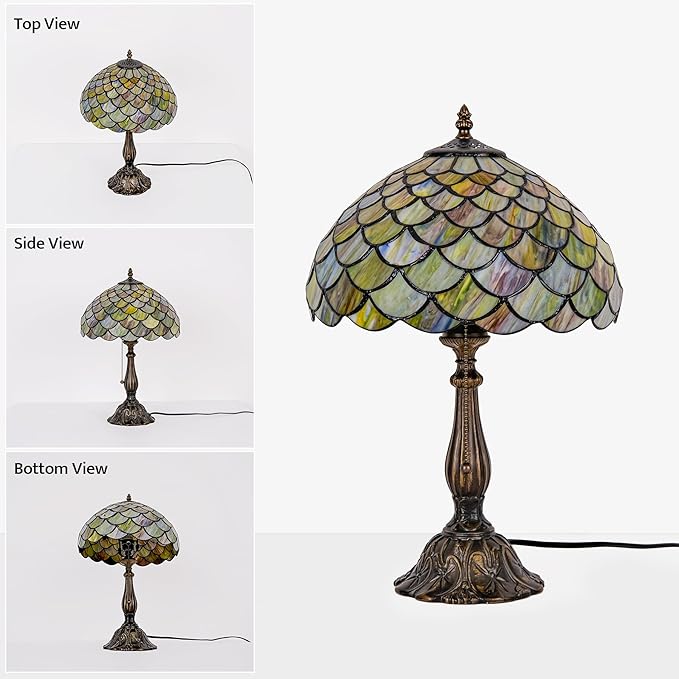 Tiffany Style Table Lamp Vintage Stained Glass Desk Lamp Mable Gradient Green Fish Scales Bedside Reading Light Decor Bedroom Living Room Home Office D12 xH18 (Green Fish Scales)