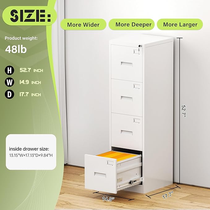 Crownland Lateral File Cabinet with 4 Drawers, 15" W Metal Lockable Office File Cabinets for Home Office- Stores Letter/Legal/A4/F4 Files(White)