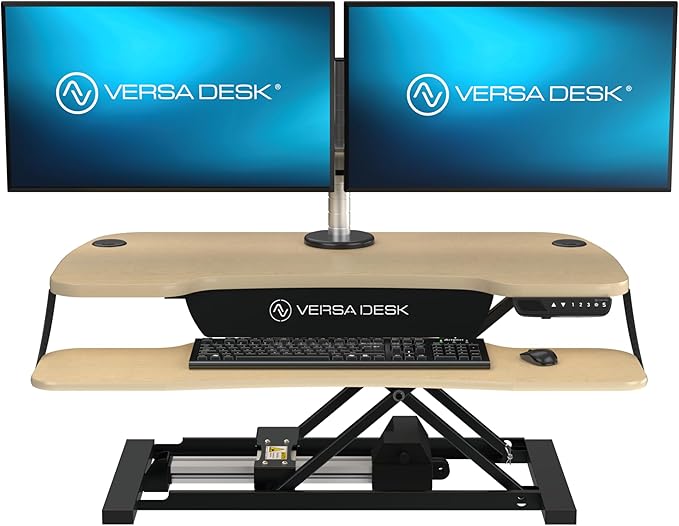 VERSADESK® PowerPro™ Elite 36” x 24" – App Controlled Electric Standing Desk Converter w/USB Charging Port. Raises up to 20”. Fully Assembled – Includes LED Lights. Supports 80 lbs. – Maple