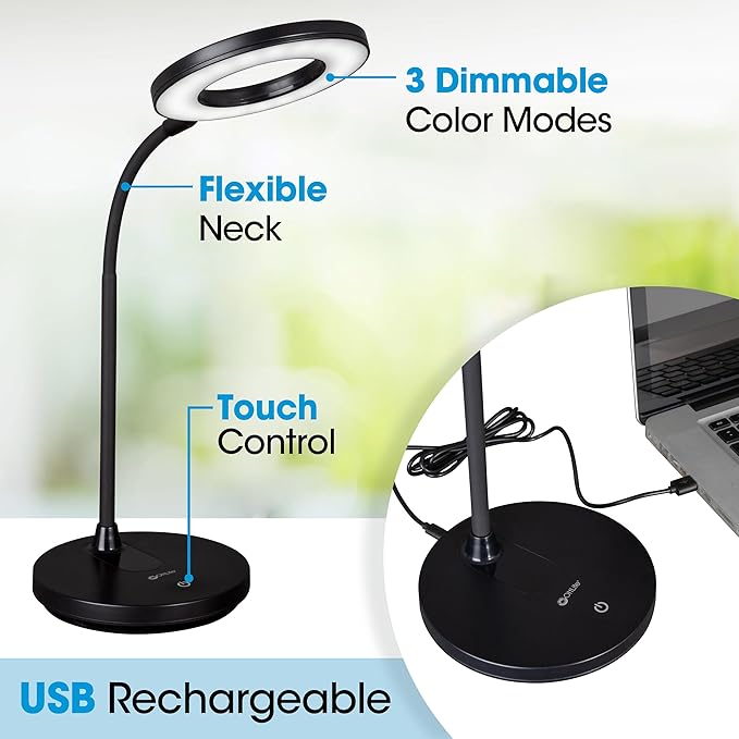 OttLite Vibe LED Ring Light, Rechargeable and Portable, 3 Color Temperatures, Book Light, Table Lamp Reading, Work, Desk Lamp for Home Office or Bedside