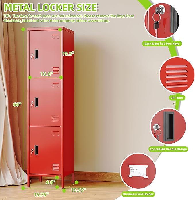 Metal Locker with Hooks and Ventilation Holes,Metal Storage Locker with Keys and Business Card Slof for Home,Gym,Garage,School,Office,66" H x 15.75" W x 15.75" D,Assembly Required,Red