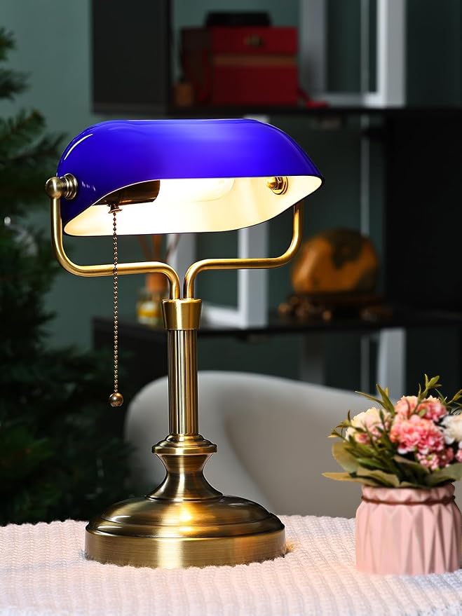 Traditional Banker's Desk Lamp with Glass Shade,Pull Chain Switch, LED Bulb Included (Antique Brass+Blue)