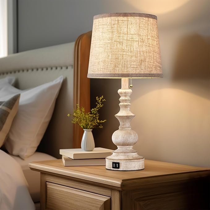 Table Lamps for Bedrooms Set of 2 Farmhouse Bedside Lamps for Nightstand with USB Charging Ports Traditional Side Table Lamps for Living Room Wooden Finish, Pull Chain, Bulbs Not Included