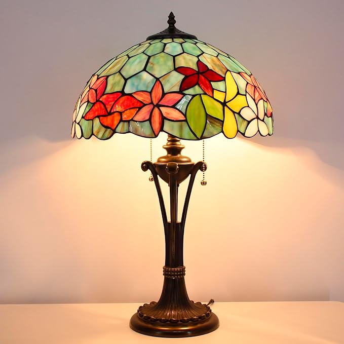 Tiffany Table Lamp Red Yellow Green Flowers Stained Glass Desk Lamp 16X16X24 Inches Reading Light