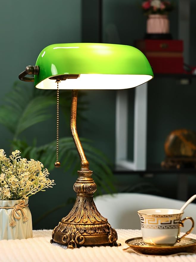 Newrays Vintage Green Glass Bankers Desk Lamp for Home Office,Library with Pull Chain Switch Plug in Fixture, LED Bulb Included