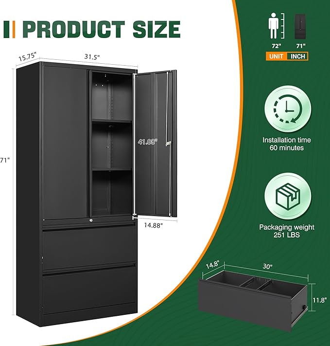 Letaya File Cabinet for Home Office, Metal Storage Cabinets with Adjust Shelves and Lock,2 Drawers Filing Cabinets-Hang Legal/Letter/A4/F4 Size Filing-Black