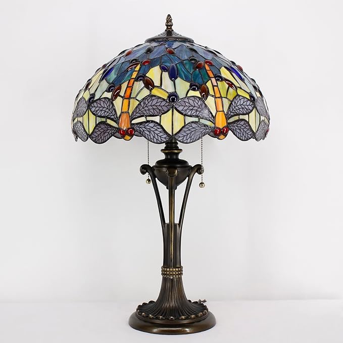 Tiffany Table Lamp Blue Yellow Stained Glass Desk Lamp 16X16X24 Inches Dragonfly Style Reading Light