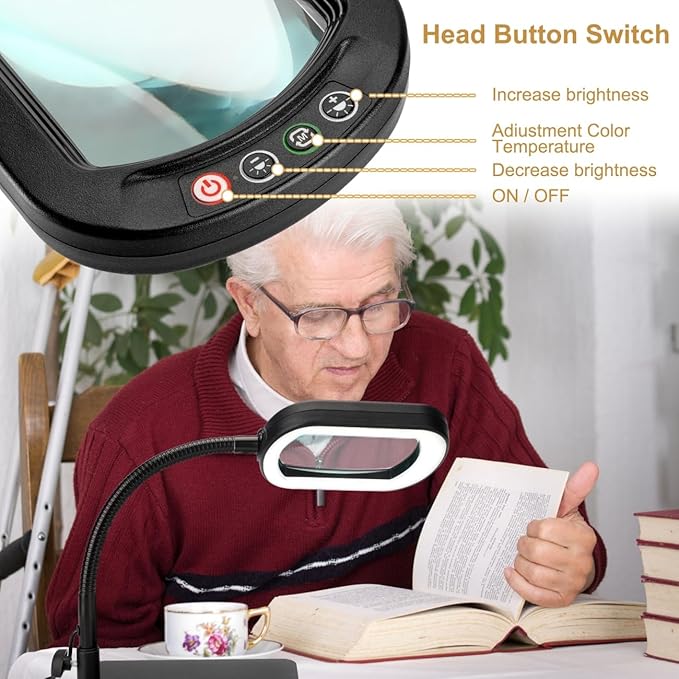 Veemagni 10X Rectangle Magnifying Glass with Light and Stand, Flexible Gooseneck LED Lighted Desk Lamp, 5 Color Modes Stepless Dimmable, Hands Free Magnifier for Reading Crafts Painting Close Work