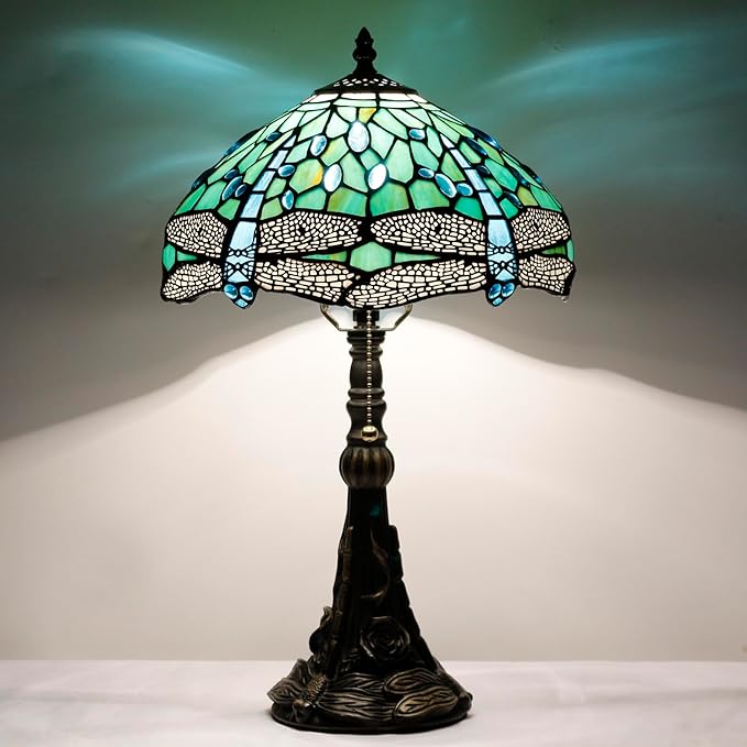 Tiffany Stained Glass Table lamp 12X12X19 Inch Green Dragonfly Style Desk Bedroom Living Room Reading Light (Green Dragonfly)