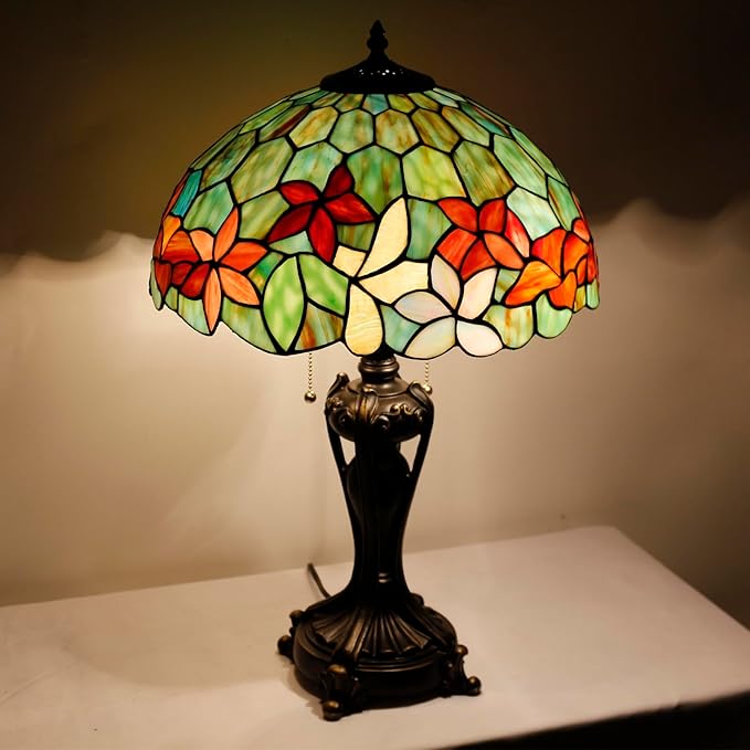 Tiffany Stained Glass Table Lamp 16X16X24 Inch Green Red Flowers Style Desk Bedroom Living Room Antique Reading Light (Red Flowers)