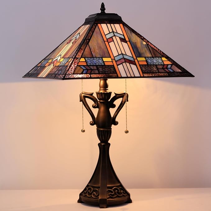 Tiffany Table Lamp Stained Glass Blue Cloudy Mission Style Desk Reading Light 16X16X24 Inch for Bedroom Living Room Home Office