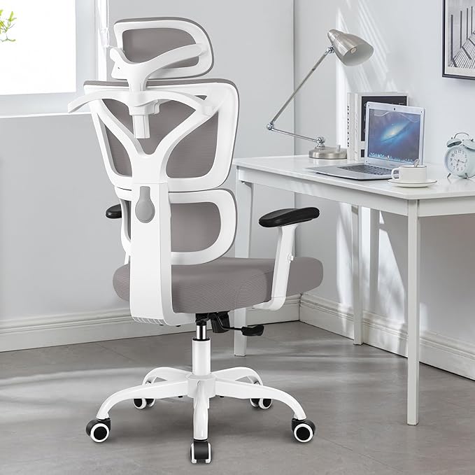 Winrise Office Chair Ergonomic Desk Chair, High Back Gaming Chair, Big and Tall Reclining Chair Comfy Home Office Desk Chair Lumbar Support Breathable Mesh Computer Chair Adjustable Armrests (Gray)