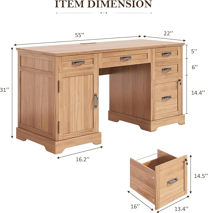 Whalefall 55'' Farmhouse Desk Home Office with Drawers, Executive Computer Desk Wooden with File Cabinet and Charging Station, Light Walnut