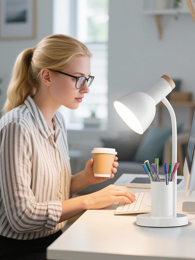 LED Desk Lamp with Pen Holder, Eye-Caring Desk Light 3 Color Modes Reading Light Flexible Gooseneck Metal Study Lamp, Cute Table Lamps for Home Office Bedside Dorm(White lamp)