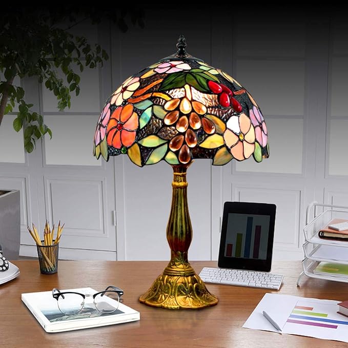 Tiffany Table Lamp Hand-Made Grape Rose Stained Glass Table Lamps Bedside Nightstand Lamp for Bedroom, Living Room, Home Office Desk Lamp,Home Deco Art,W/LED E26 Bulb,12X12X18Inch