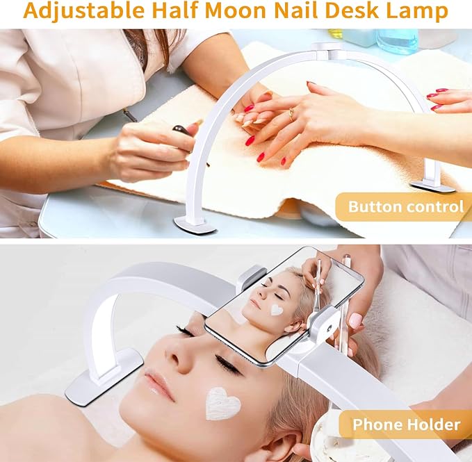 Half Moon Light for Nail Desk,29In Half Moon Lamp with Phone Holder,3000-6000K Nail Lamp Perfect LED Machine Light for Table (White)