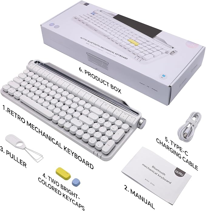 Retro Typewriter Mechanical Keyboard with Tablet Stand, 100 Keys LED Backlit, ABS+PBT Keycaps, Wired/Bluetooth, Blue Switch, Compatible with Windows/Mac/iOS/Android (White)
