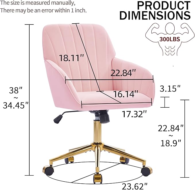YISHENG Velvet Office Desk Chair with Gold Base, with Wheels,Modern Height Adjustable 360 Degree Swivel Upholstered Vanity Chairs with Arms for Living Room Bedroom,Pink