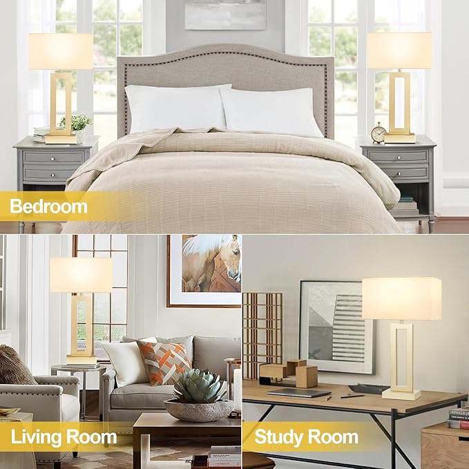 Seealle 22" Tall Bedroom Lamps for Living Room - Touch Gold Bedside Lamps with USB C+A, 3 Way Dimmable for Nightstand, Modern Night Stands for End Tables (White & Gold)