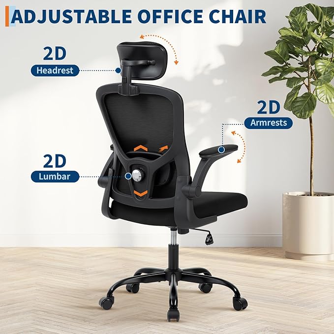 Office Chair – Ergonomic Desk Chair, Adjustable Lumbar Support and Headrest, Flip-Up Armrests, Mesh Computer Desk Chair, Swivel Rolling Executive Gaming Chair for Home & Office (Black)