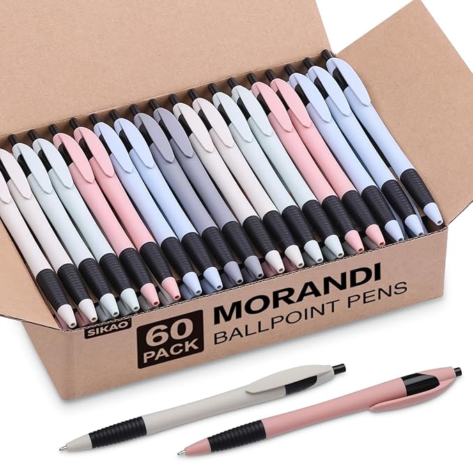 Pens Bulk, 60Pack Morandi Gripped Slimster Bulk Ballpoint Smooth Writing No Smear, Black Ink 1.0mm, Wholesale Click Retractable Server Pens, School Office Supplies