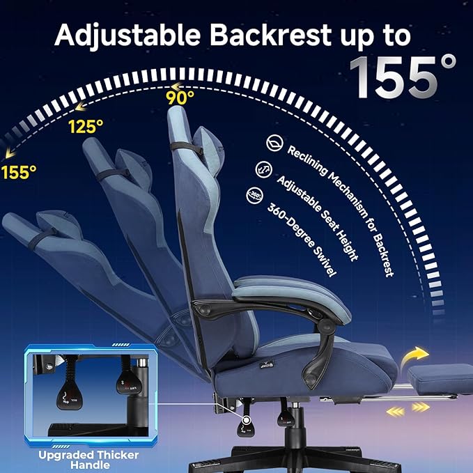 GTPLAYER Gaming Chair, Video Game Chairs with Footrest and Lumbar Support, Computer Chair for Adults with Extended Backrest, Ergonomic Reclining Silla Gamer, Fabric, Dark Blue