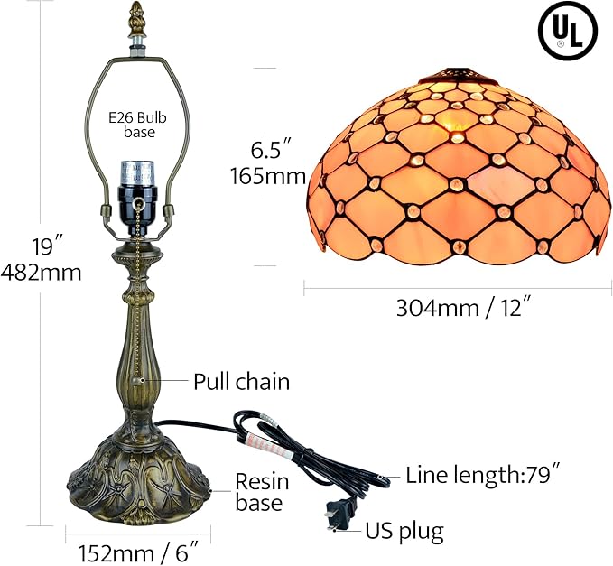 Tiffany Lamp Vintage Pink Stained Glass Bead Table Lamp Desk Bedside Reading Light Decor Bedroom Living Room Home Office D12*H18 Inches