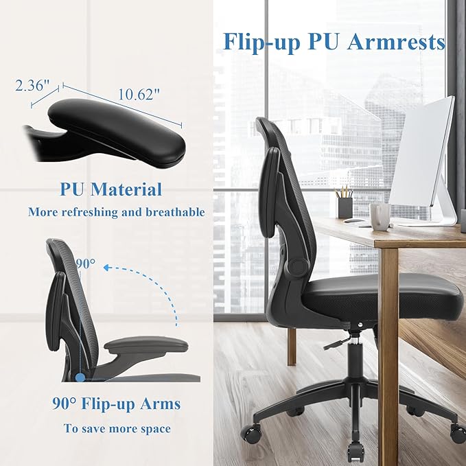 Ergonomic Office Chair 350lbs PU Leather Mesh Desk Chair with Lumbar Support, Flip-Up Arms, Swivel Wheels, Adjustable Height, Rolling Executive Computer Task Chair for Home Office,Black