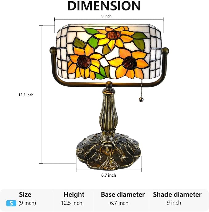 Tiffany Bankers Desk Lamp,Sunflower Stained Glass Piano Light with LED Bulb, Vintage Tiffany Style Desk Lamp for Office, Study, or Joyful Home Décor.