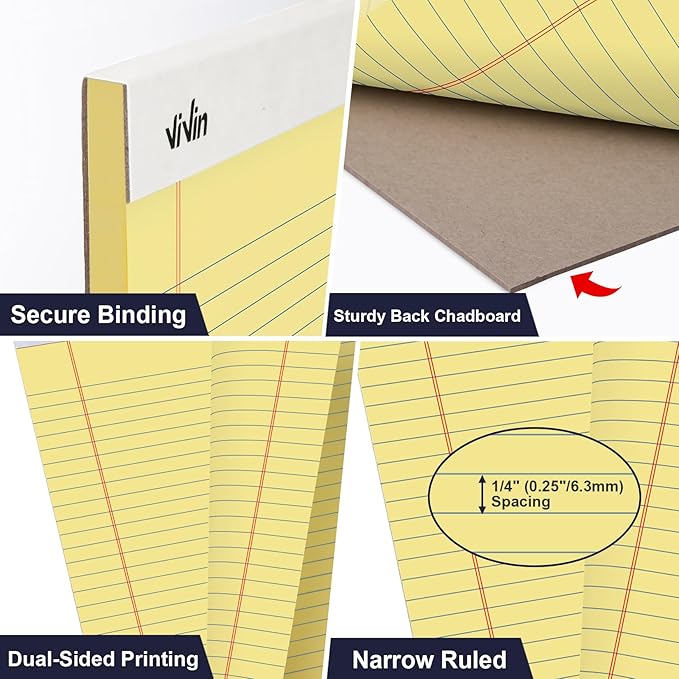 ViVin 5 x 8 Inch Legal Pads, 12 Pack, Narrow Ruled, 50 Sheets Per Writing Pad, Perforated Note Pads Ideal for Home, Office, Business, 600 Sheets, Canary Yellow Paper