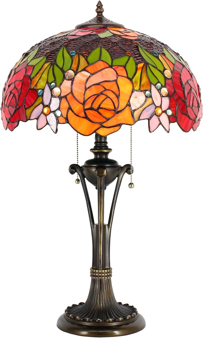 Tiffany Table Lamp Red Yellow Rose Stained Glass Desk Lamp 16X16X24 Inches Reading Light